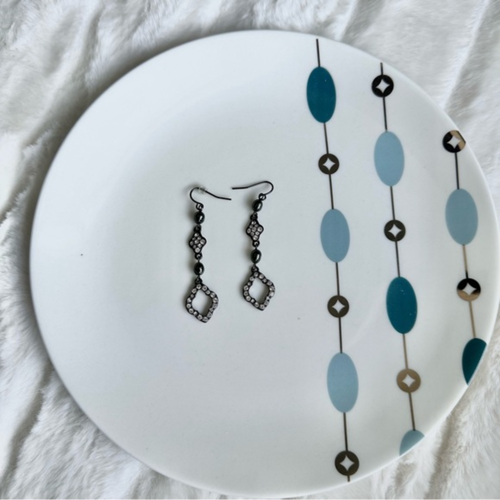 Dramatic crystal and dark pearl earrings on dark metal. French hooks. 2.25”